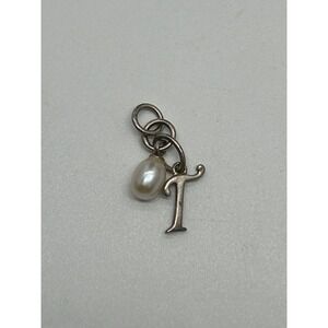 Vintage Sterling Silver 925 I LETTER T Pendant Charm w/ Natural Freshwater Pearl